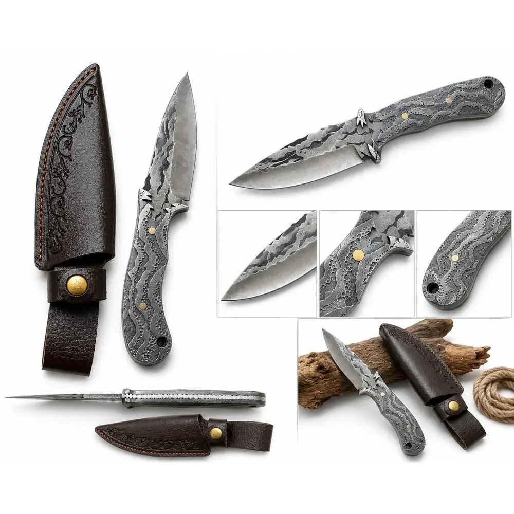 Damascus Steel Fixed Blade Hunting Knife Full Tang w/ Leather Sheath Handmade